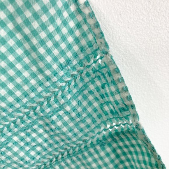 Vintage Handmade Teal Green Gingham Apron Cross Stitch Tie Waist Pocket - Picture 9 of 13